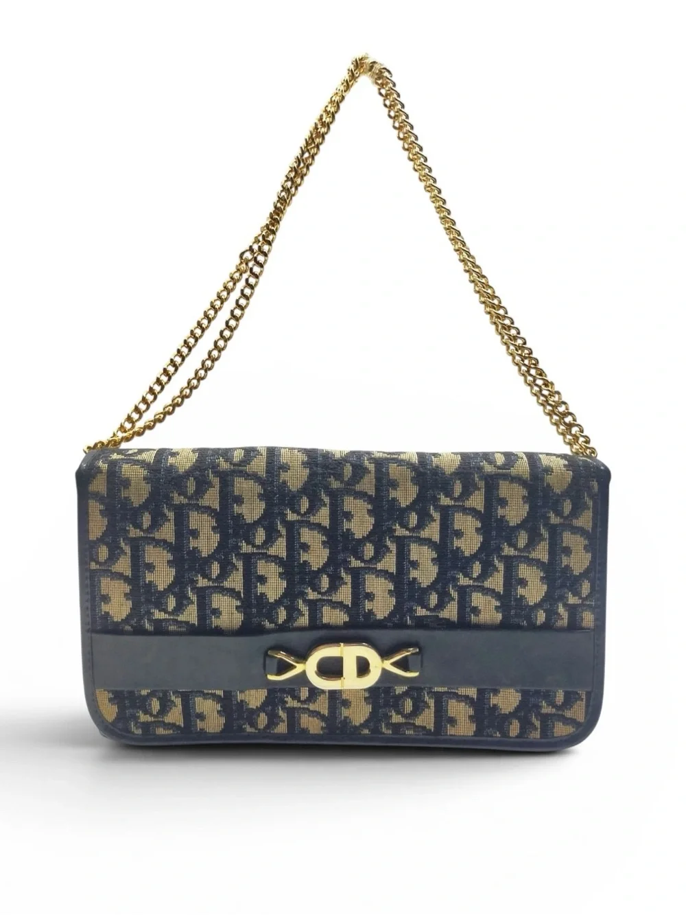 Vintage Christian Dior Oblique Monogram Navy Canvas Chain Clutch Flap Bag - Picture 3 of 8